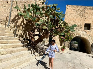 Photo of a girl in front of a big cactus tree